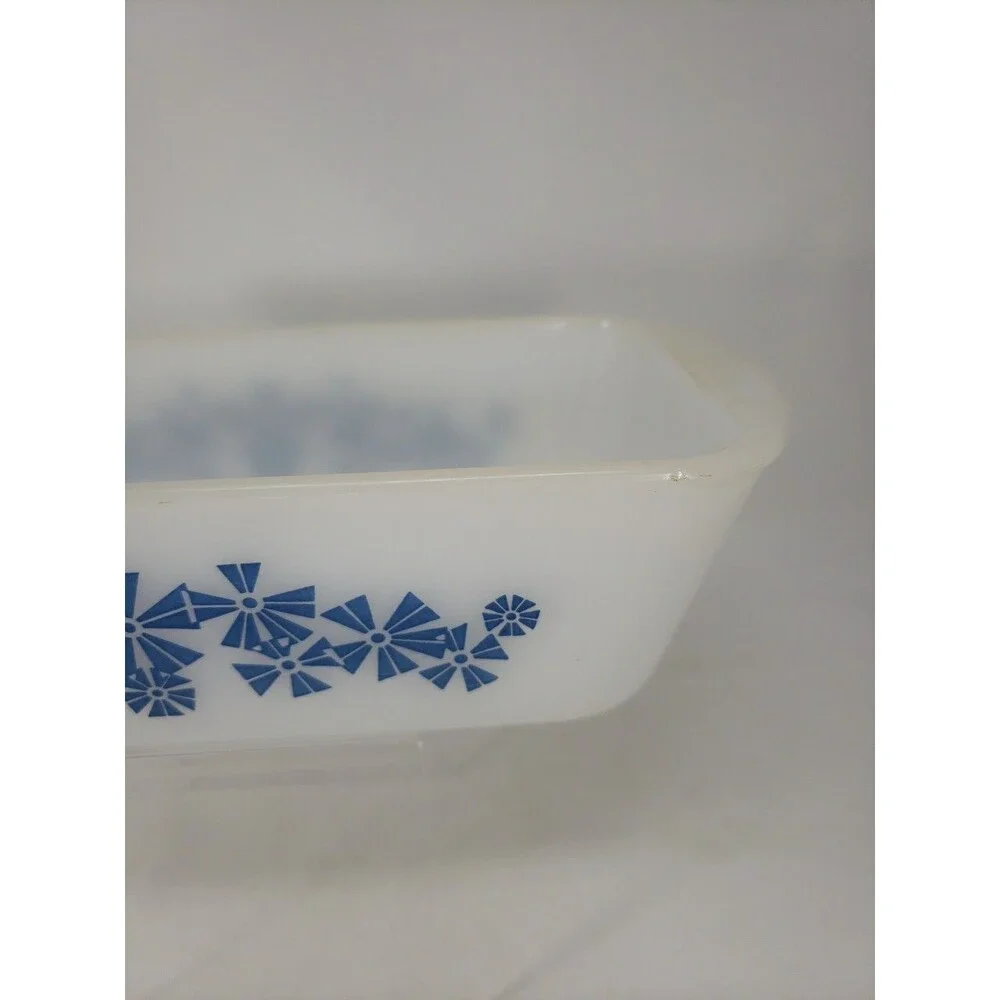 Vintage 1950s Glasbake J522 Loaf Pan Milk Glass Star Snowflake Blue Design MCM